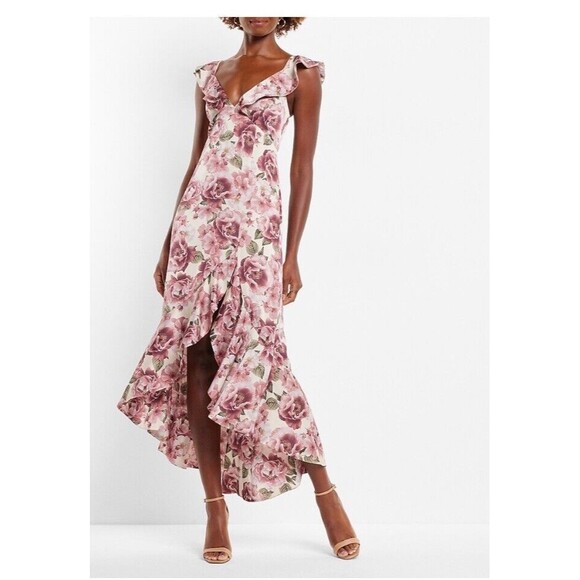 New EXPRESS Floral Print Ruffle‎ Hi Lo Maxi Dress Pink Green Summer Size 12 - Picture 1 of 15